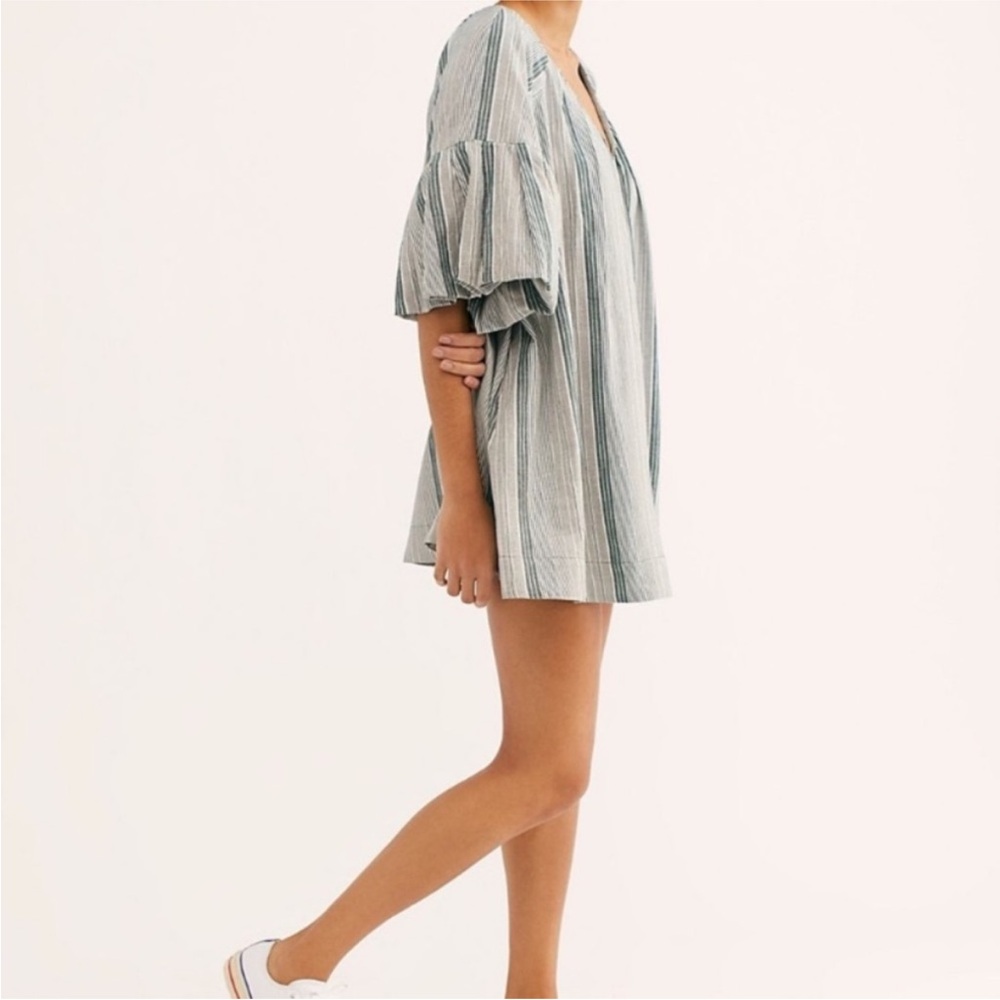 Free People Aleida Mini Dress/ Puff Sleeves/Green Striped/V-Neck - Picture 9 of 9
